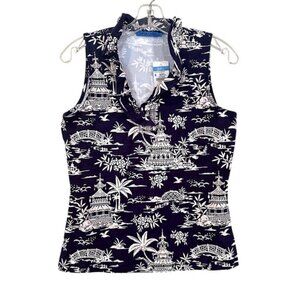 J McLaughlin  Durham Sleeveless Ruffle Top featuring a tropical pagoda print. L